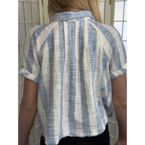 We the Free Classic Boho Beach Gauze Cropped Fringe Striped Button Blouse Small - Picture 2 of 15